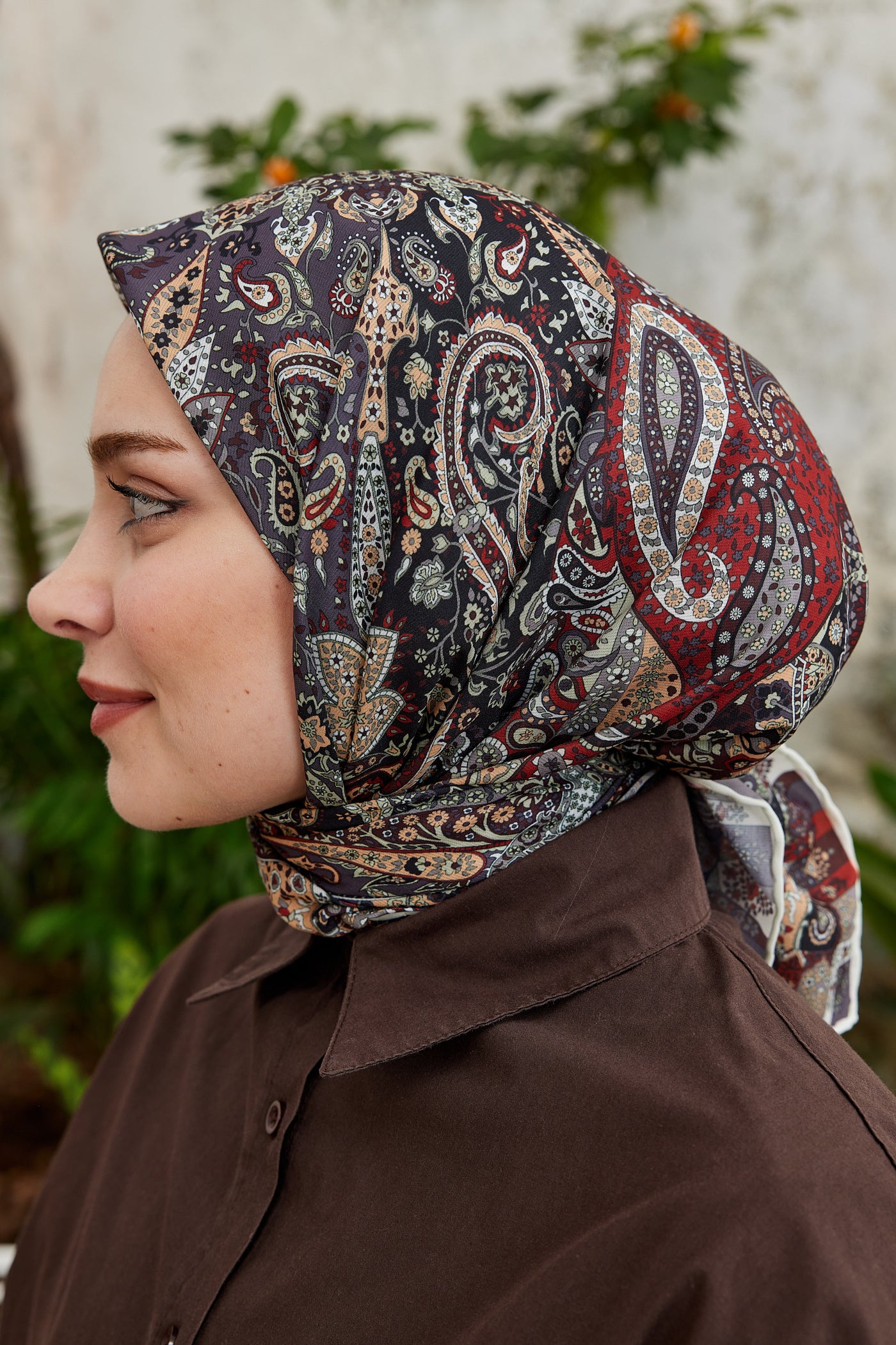 Tesettür Giyim - Pro Line Etnic Desen Eşarp - Bordo - Füme - Emproyal