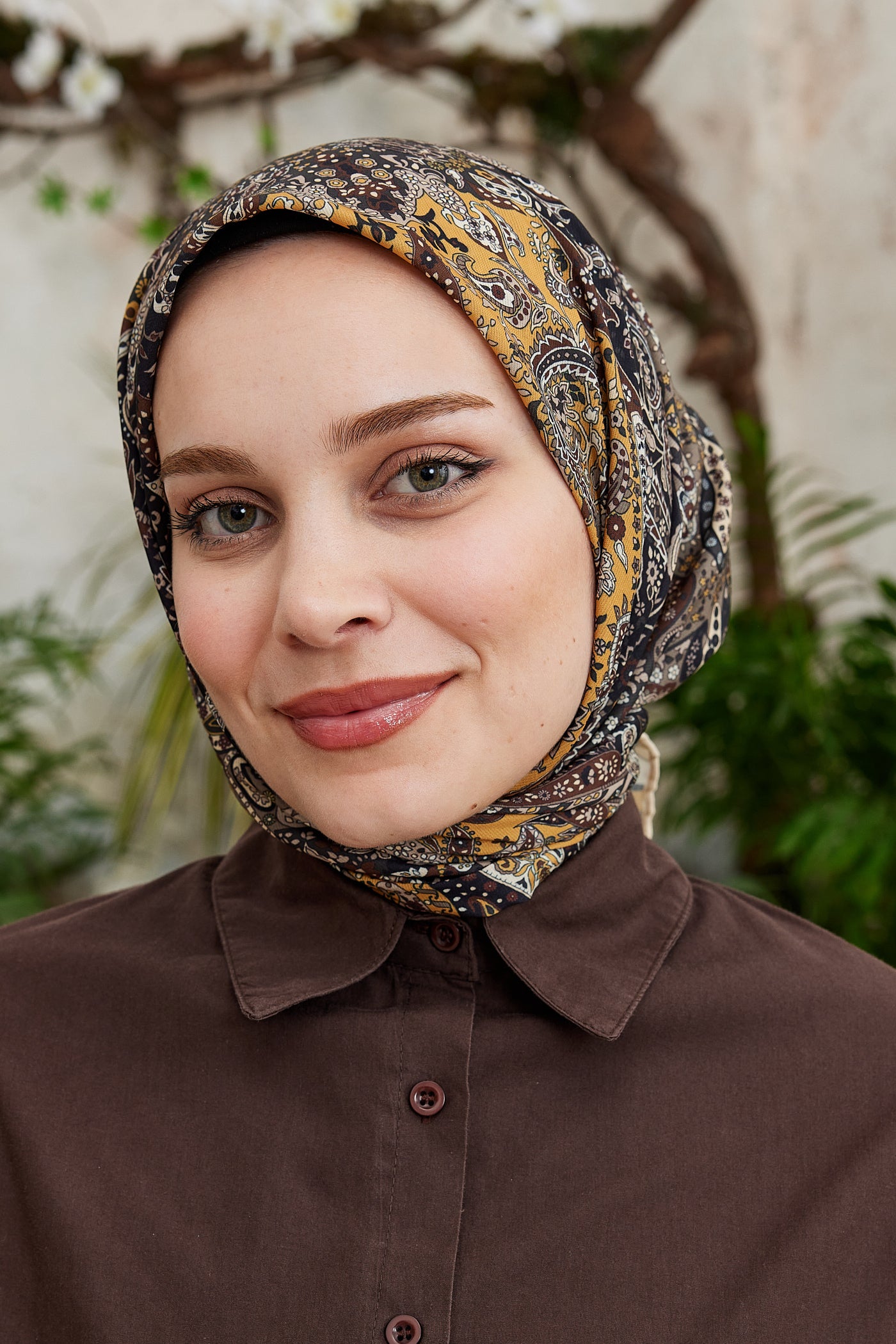 Tesettür Giyim - Pro Line Etnic Desen Eşarp - Kahverengi - Hardal - Emproyal