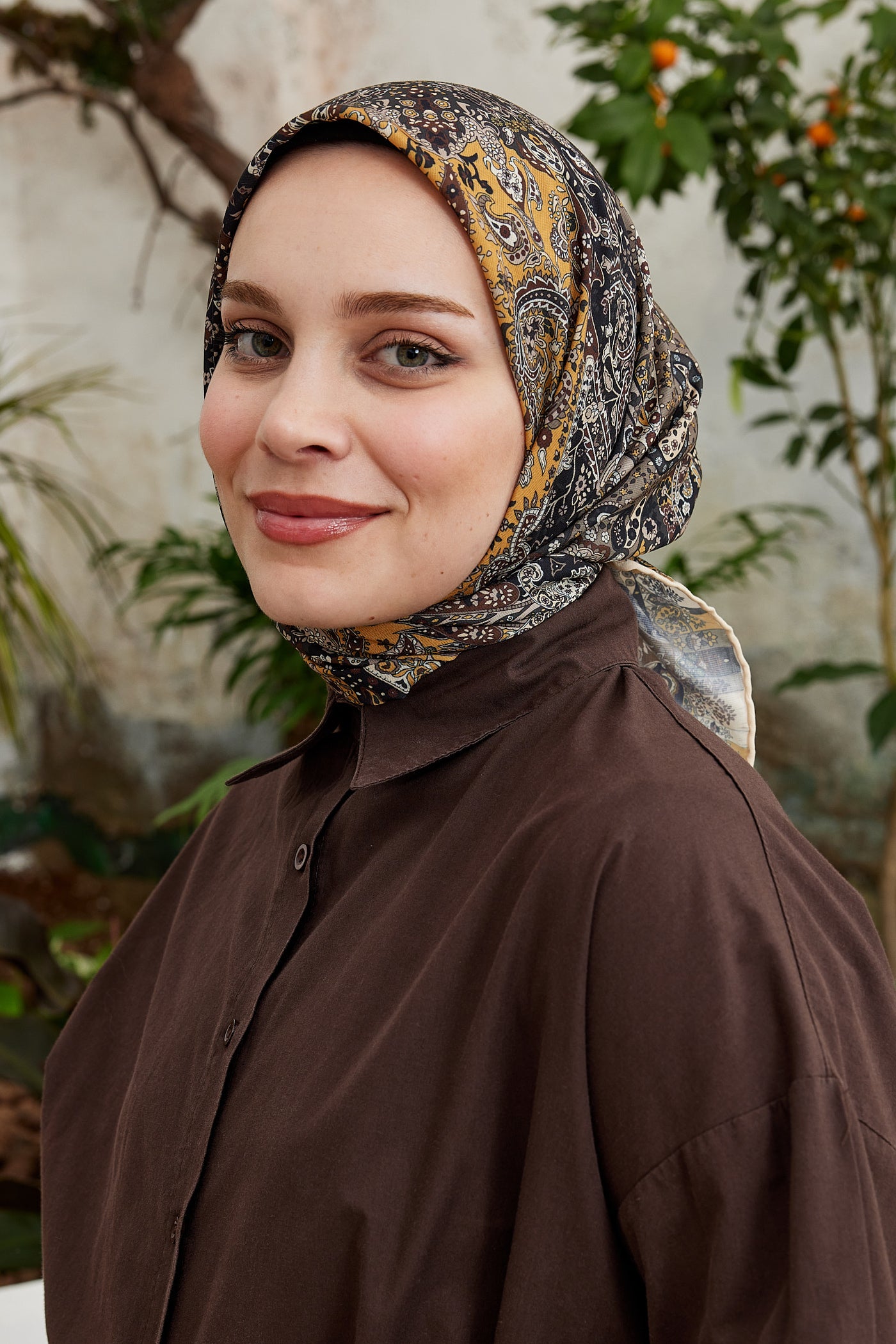 Tesettür Giyim - Pro Line Etnic Desen Eşarp - Kahverengi - Hardal - Emproyal