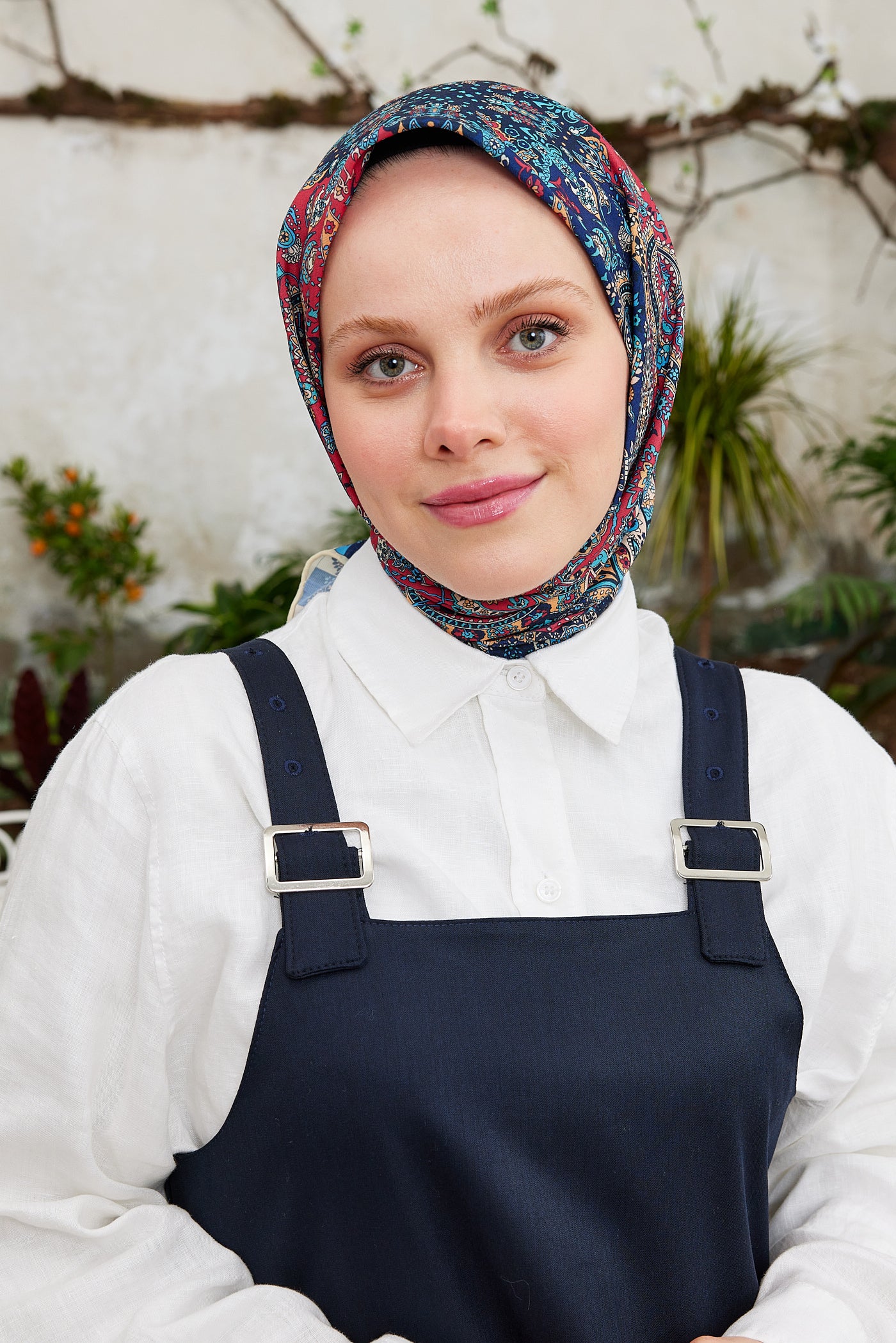 Tesettür Giyim - Pro Line Etnic Desen Eşarp - Kırmızı - Lacivert - Emproyal