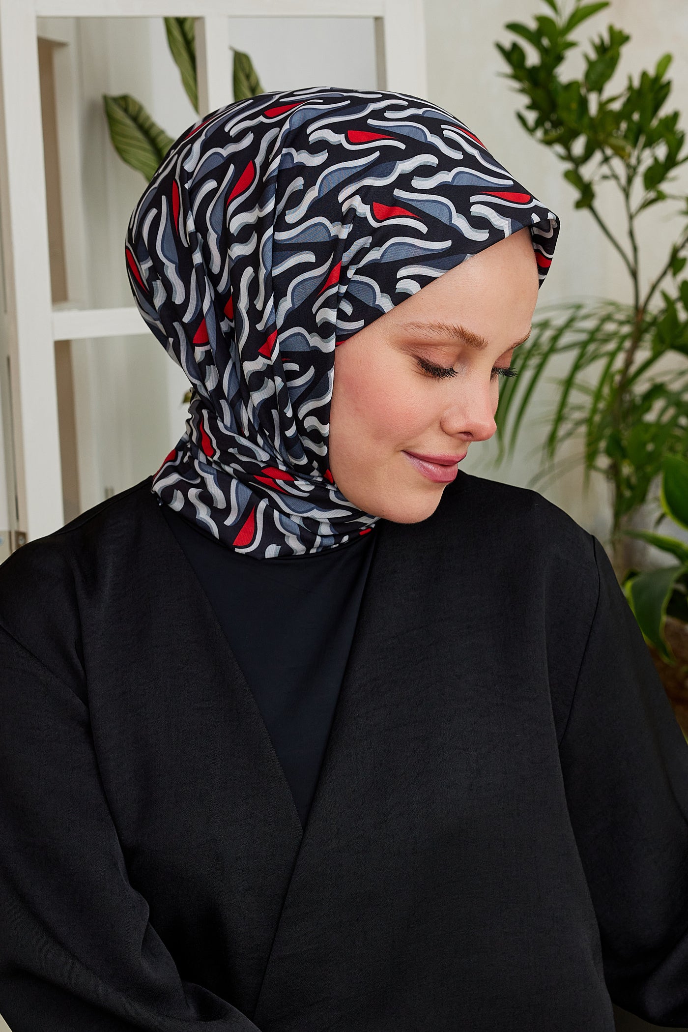 Tesettür Giyim - Pro Line Nancy Desen Eşarp - Kırmızı - Füme - Emproyal