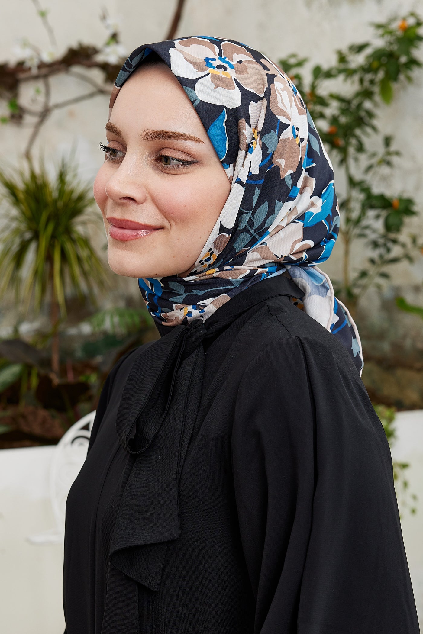 Tesettür Giyim - Pro Line Grace Desen Eşarp - İndigo - Kahve - Emproyal