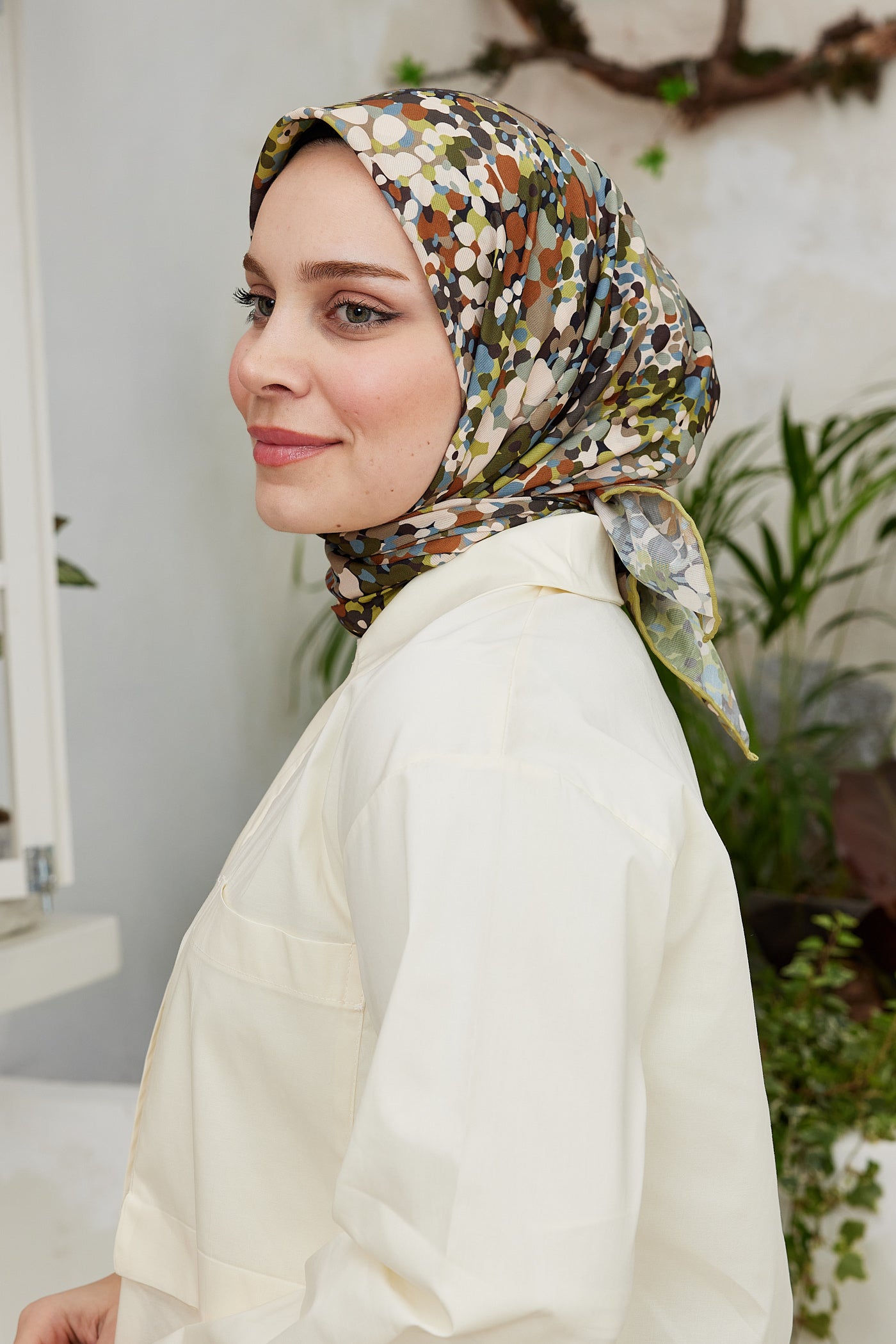 Tesettür Giyim - Pro Line Lavin Desen Eşarp - Yağ Yeşil - Kahverengi - Emproyal