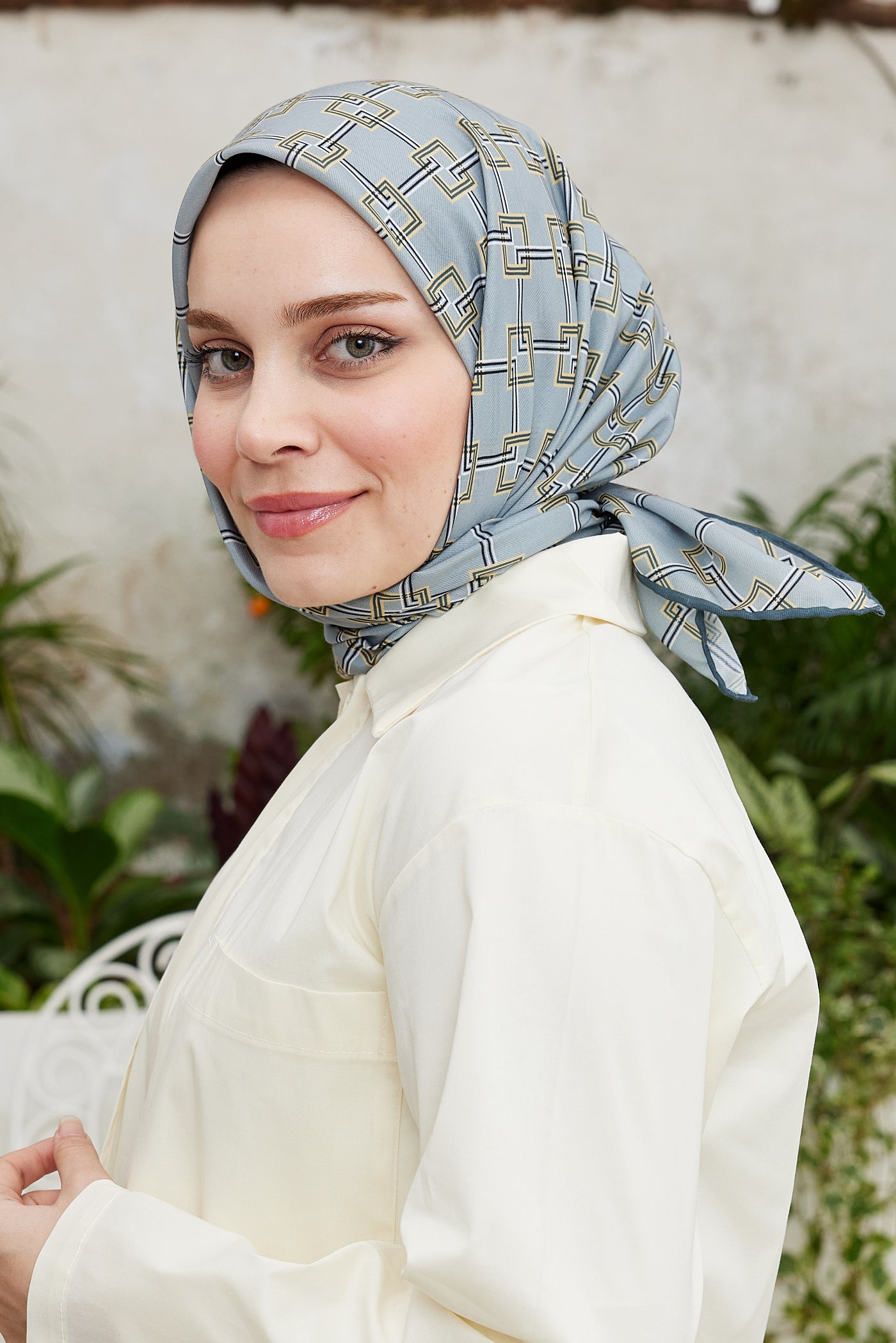 Tesettür Giyim - Pro Line Clara Desen Eşarp - Sarı - Gri - Emproyal