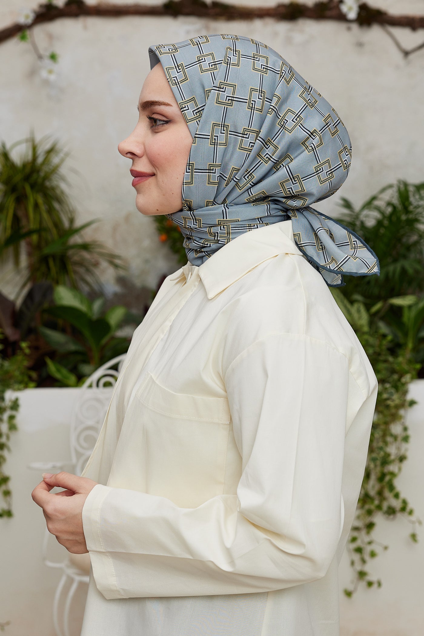 Tesettür Giyim - Pro Line Clara Desen Eşarp - Sarı - Gri - Emproyal