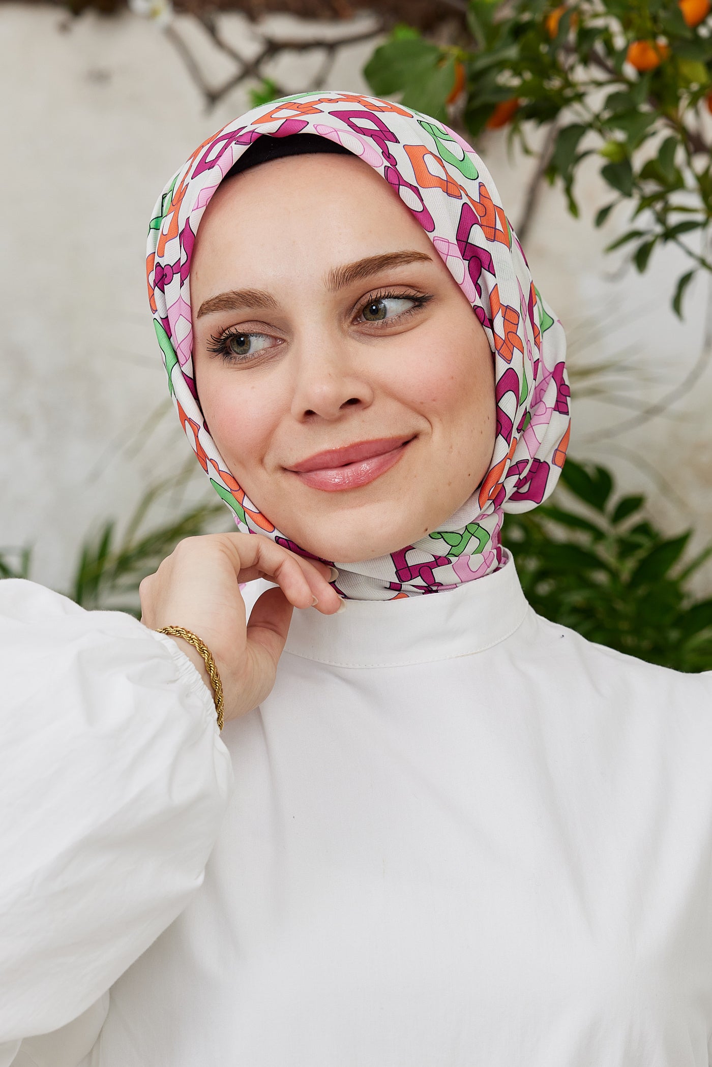 Tesettür Giyim - Pro Line Zincir Desen Eşarp - Beyaz - Fuşya - Emproyal