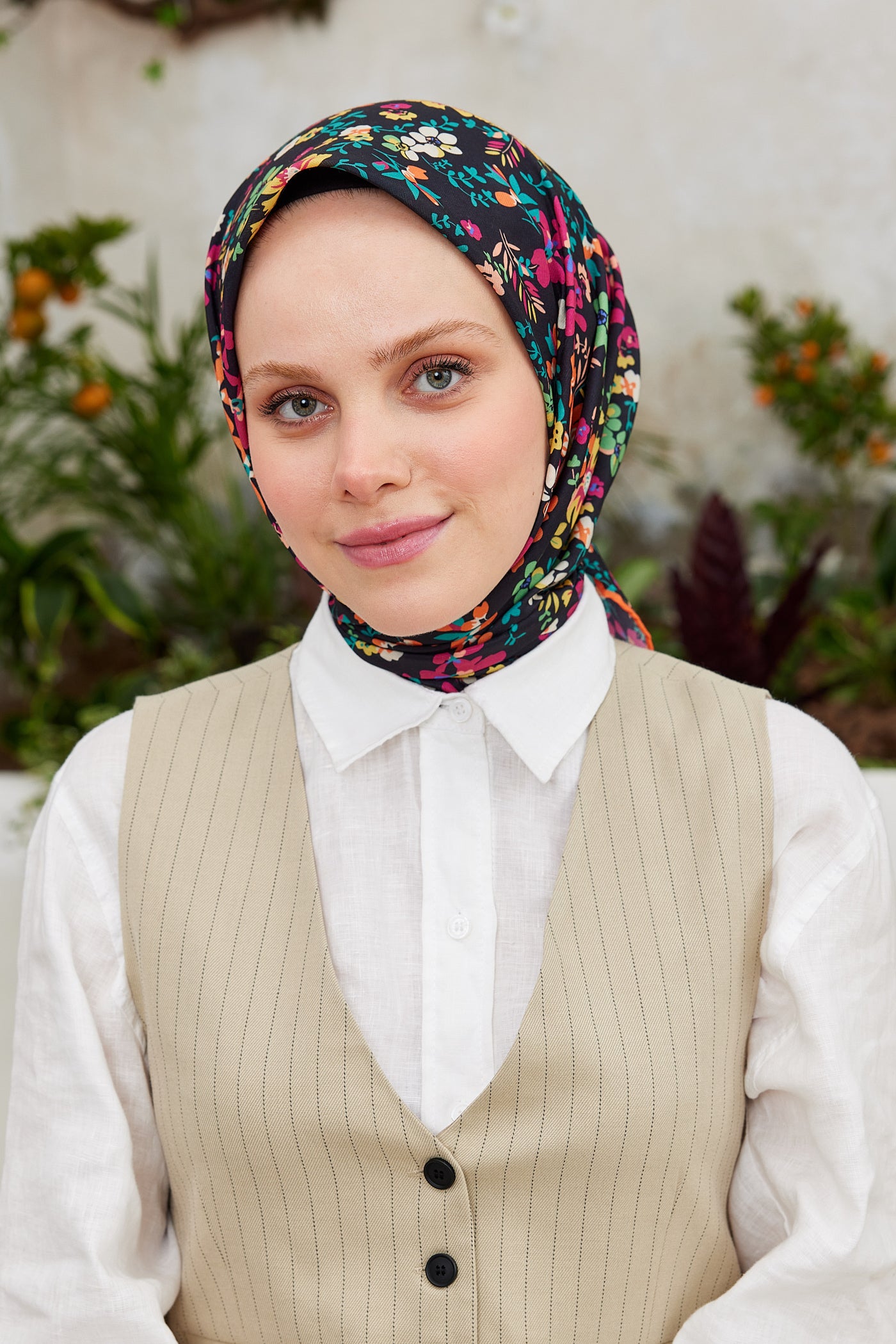 Tesettür Giyim - Pro Line Rosaline Desen Eşarp - Fuşya - Turuncu - Emproyal