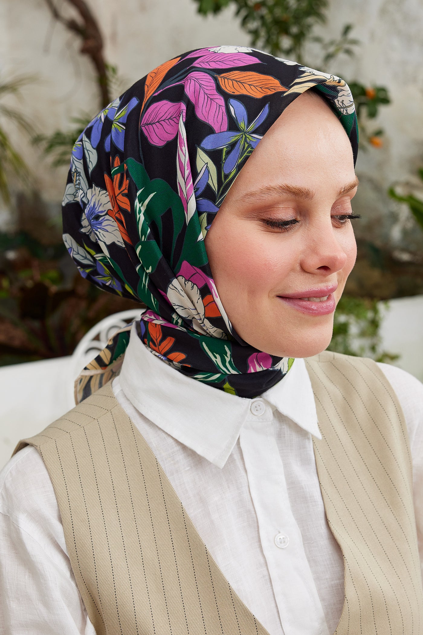 Tesettür Giyim - Pro Line Viola Desen Eşarp - Krem - Emproyal