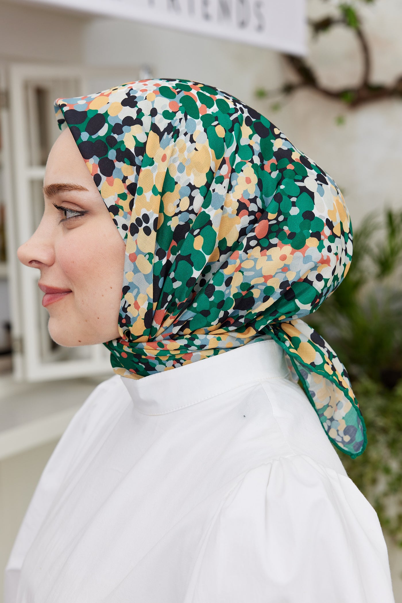 Tesettür Giyim - Pro Line Lavin Desen Eşarp - Yeşil - Sarı - Emproyal