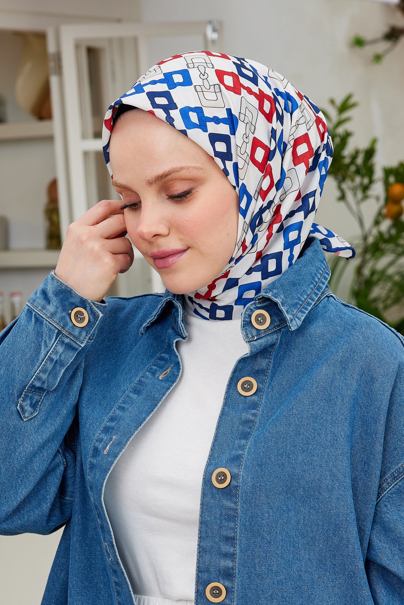 Tesettür Giyim - Pro Line Zincir Desen Eşarp - Beyaz - Saks - Emproyal