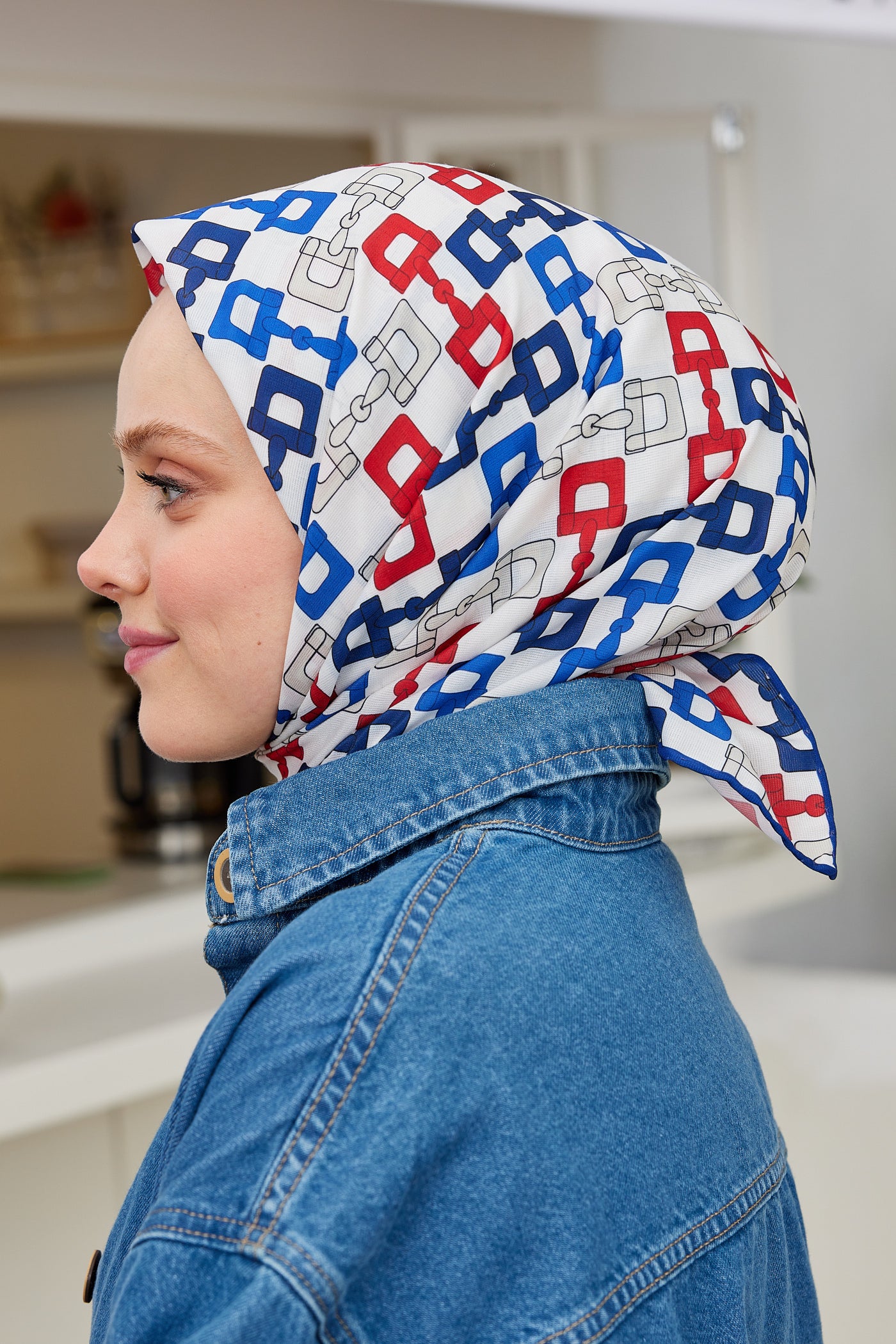 Tesettür Giyim - Pro Line Zincir Desen Eşarp - Beyaz - Saks - Emproyal