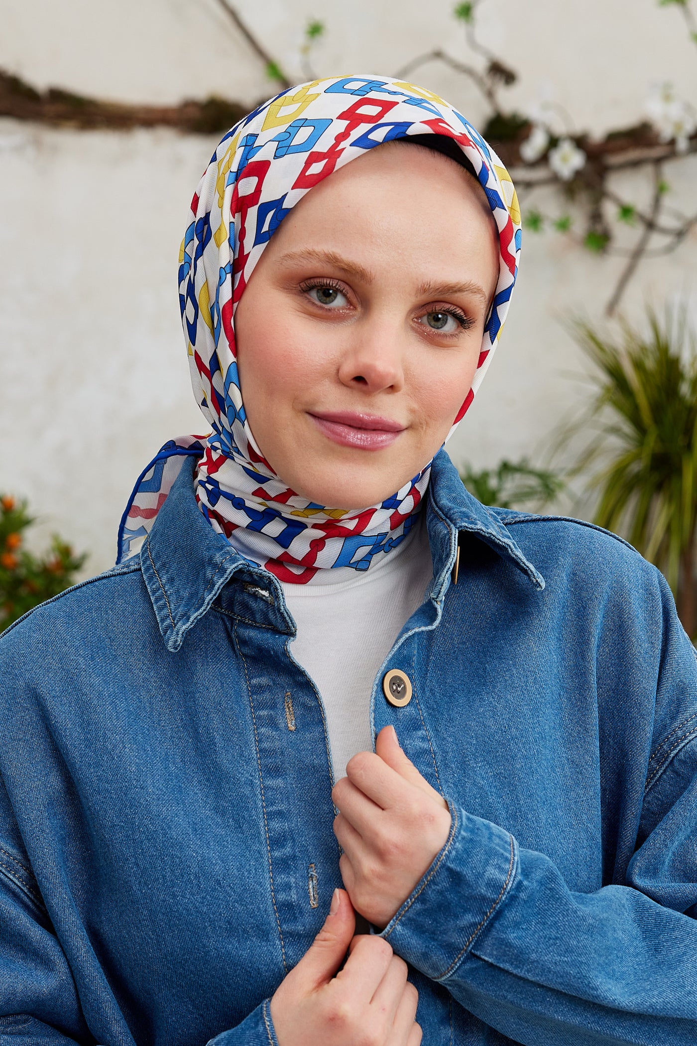 Tesettür Giyim - Pro Line Zincir Desen Eşarp - Saks - Kırmızı - Emproyal