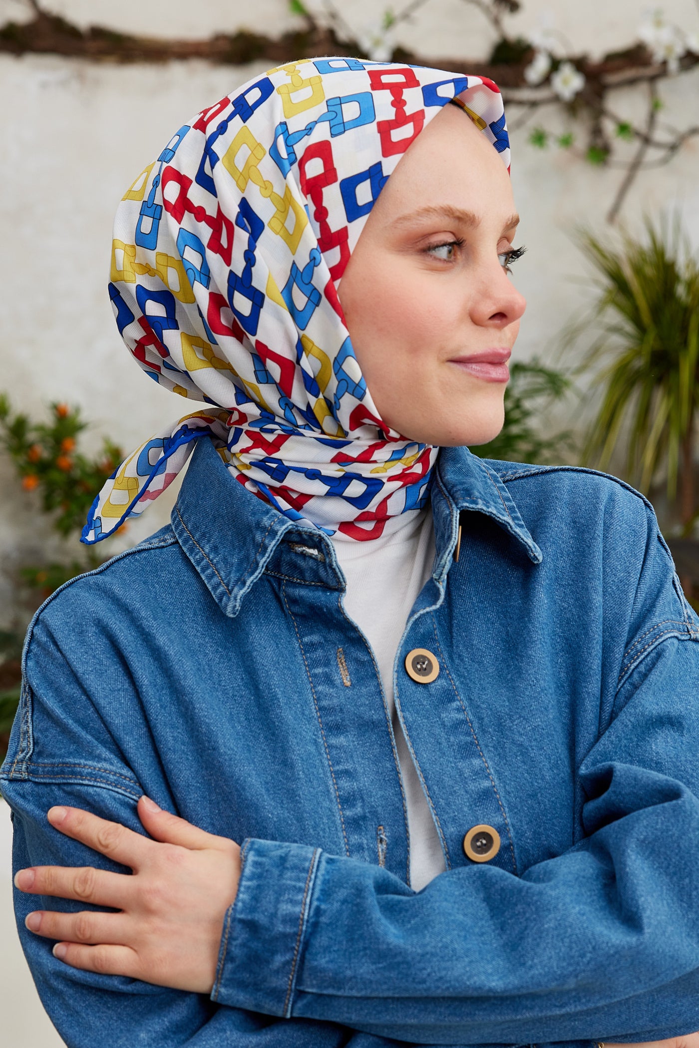 Tesettür Giyim - Pro Line Zincir Desen Eşarp - Saks - Kırmızı - Emproyal