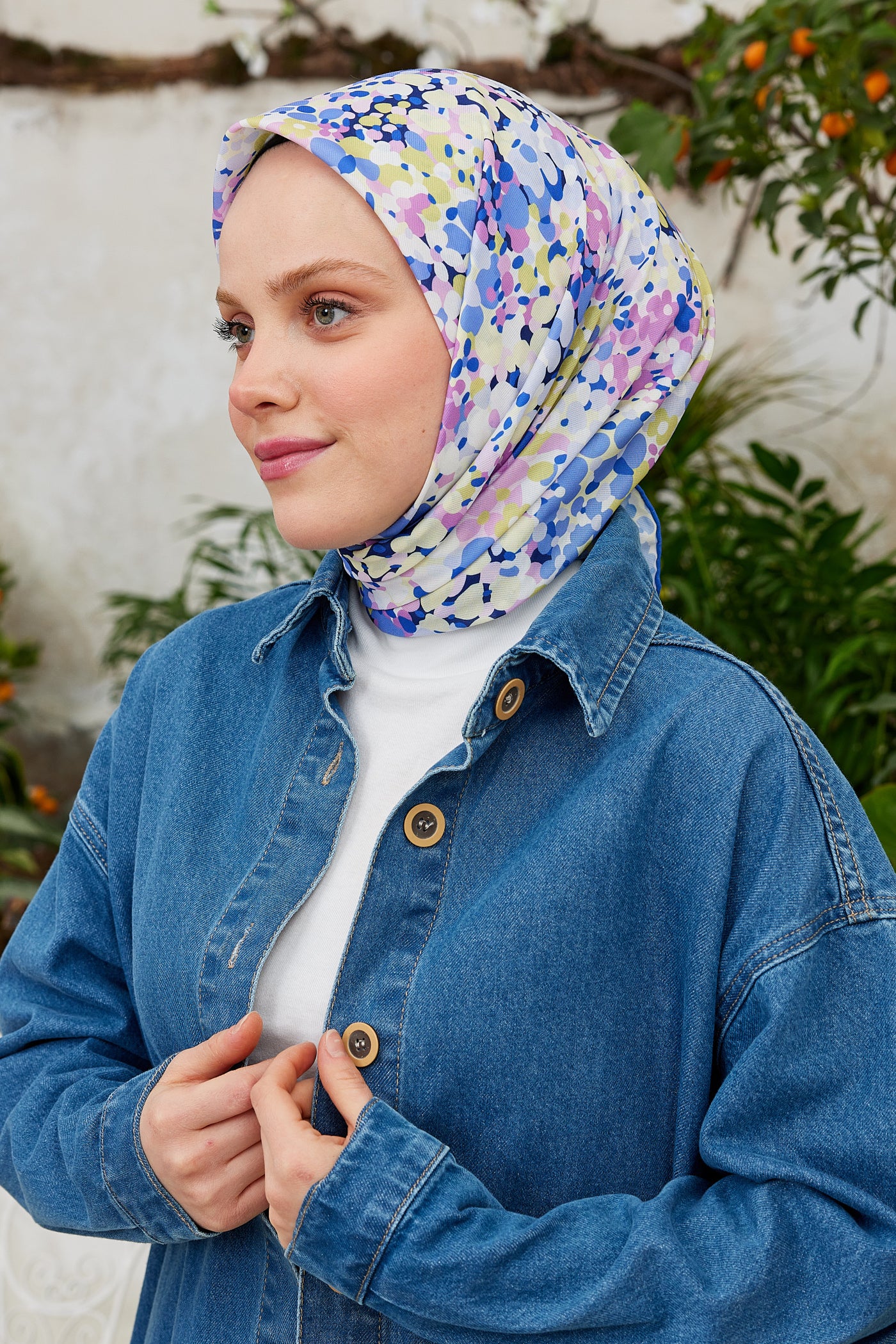 Tesettür Giyim - Pro Line Lavin Desen Eşarp - Mavi - Pembe - Emproyal