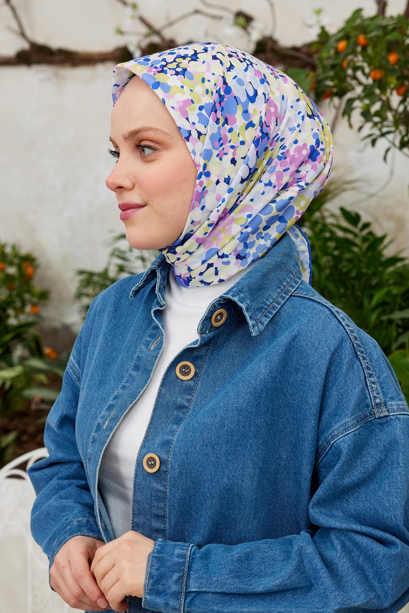 Tesettür Giyim - Pro Line Lavin Desen Eşarp - Mavi - Pembe - Emproyal