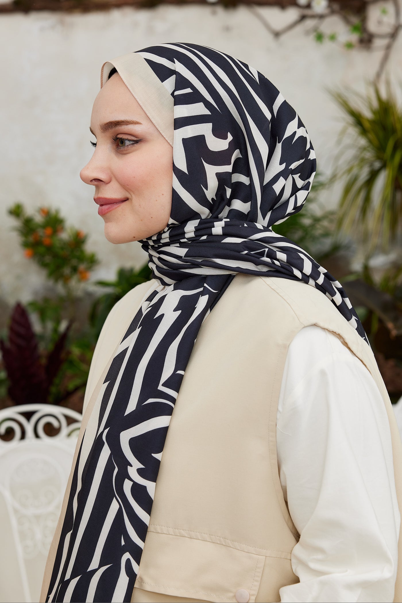 Tesettür Giyim - Pro Line Zebra Desen Şal - Siyah - Bej - Emproyal