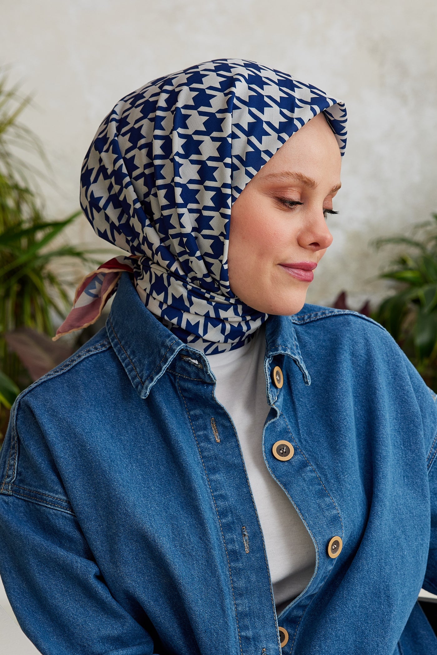 Tesettür Giyim - Pro Line Kazayağı Desen Eşarp - Kırmızı - İndigo - Emproyal