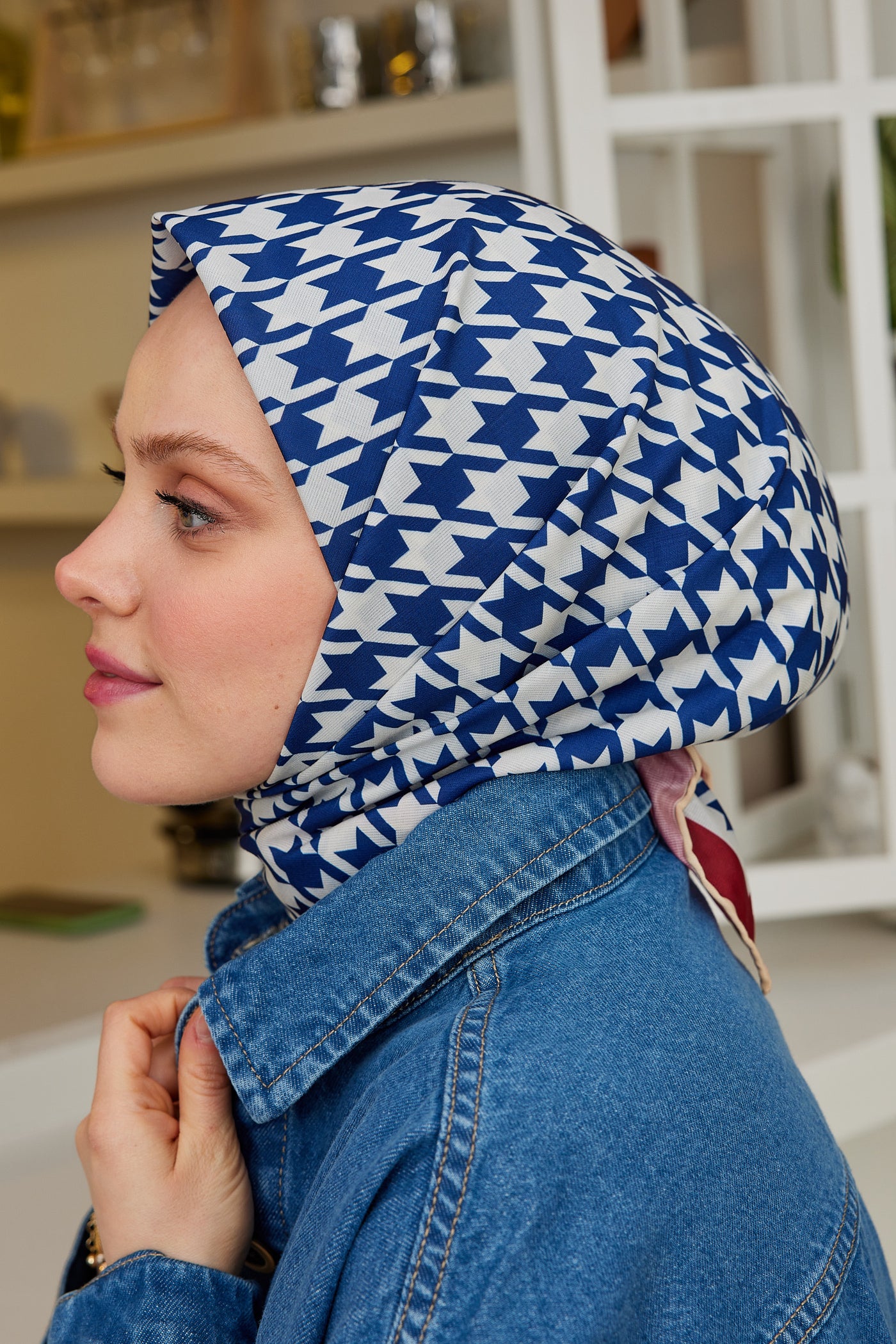 Tesettür Giyim - Pro Line Kazayağı Desen Eşarp - Kırmızı - İndigo - Emproyal