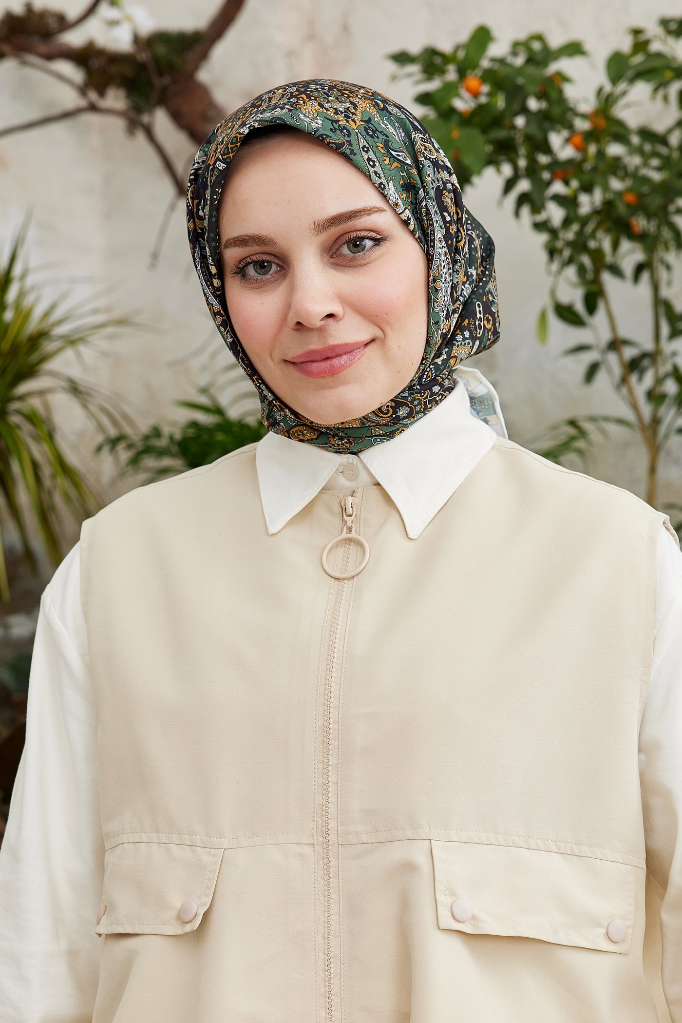 Tesettür Giyim - Pro Line Etnic Desen Eşarp - Koyu Yeşil - Haki - Emproyal