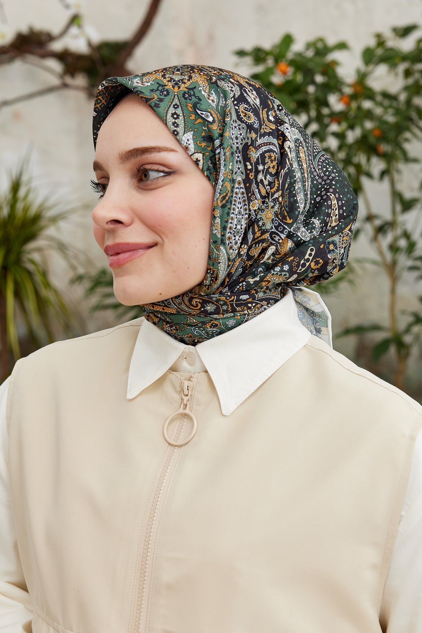 Tesettür Giyim - Pro Line Etnic Desen Eşarp - Koyu Yeşil - Haki - Emproyal