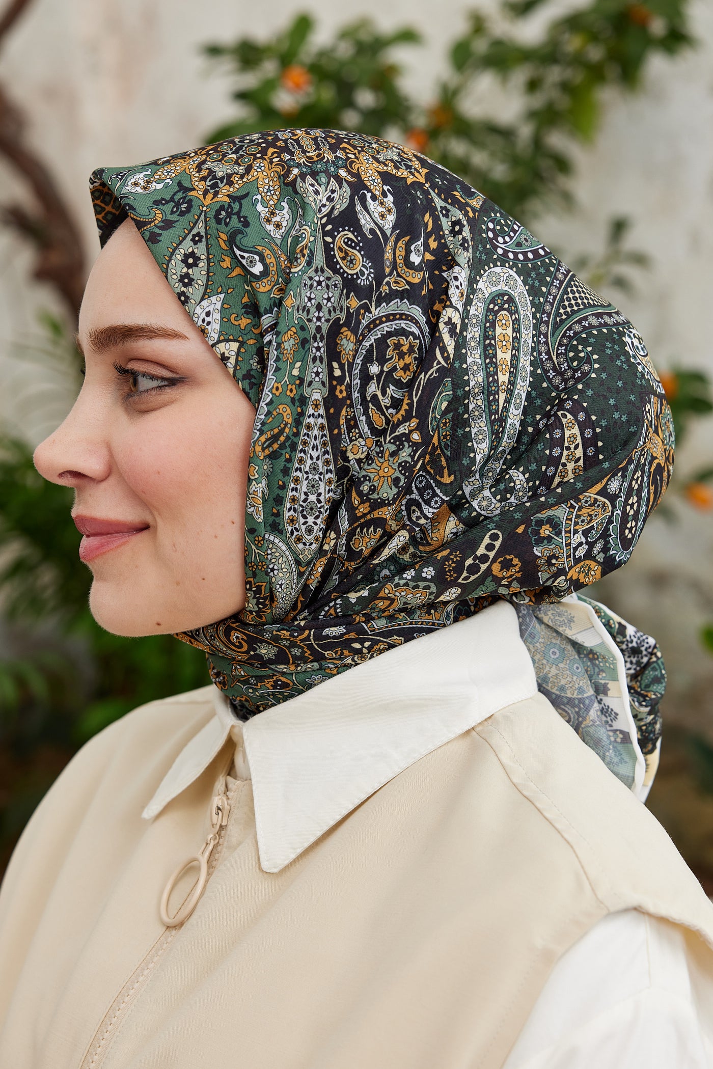 Tesettür Giyim - Pro Line Etnic Desen Eşarp - Koyu Yeşil - Haki - Emproyal