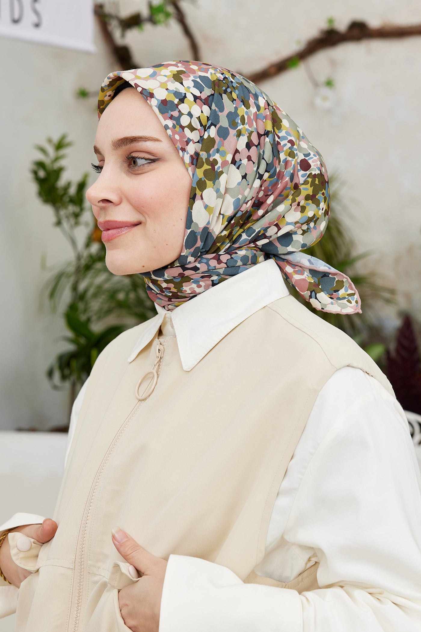 Tesettür Giyim - Pro Line Lavin Desen Eşarp - Gül Kurusu - Krem - Emproyal