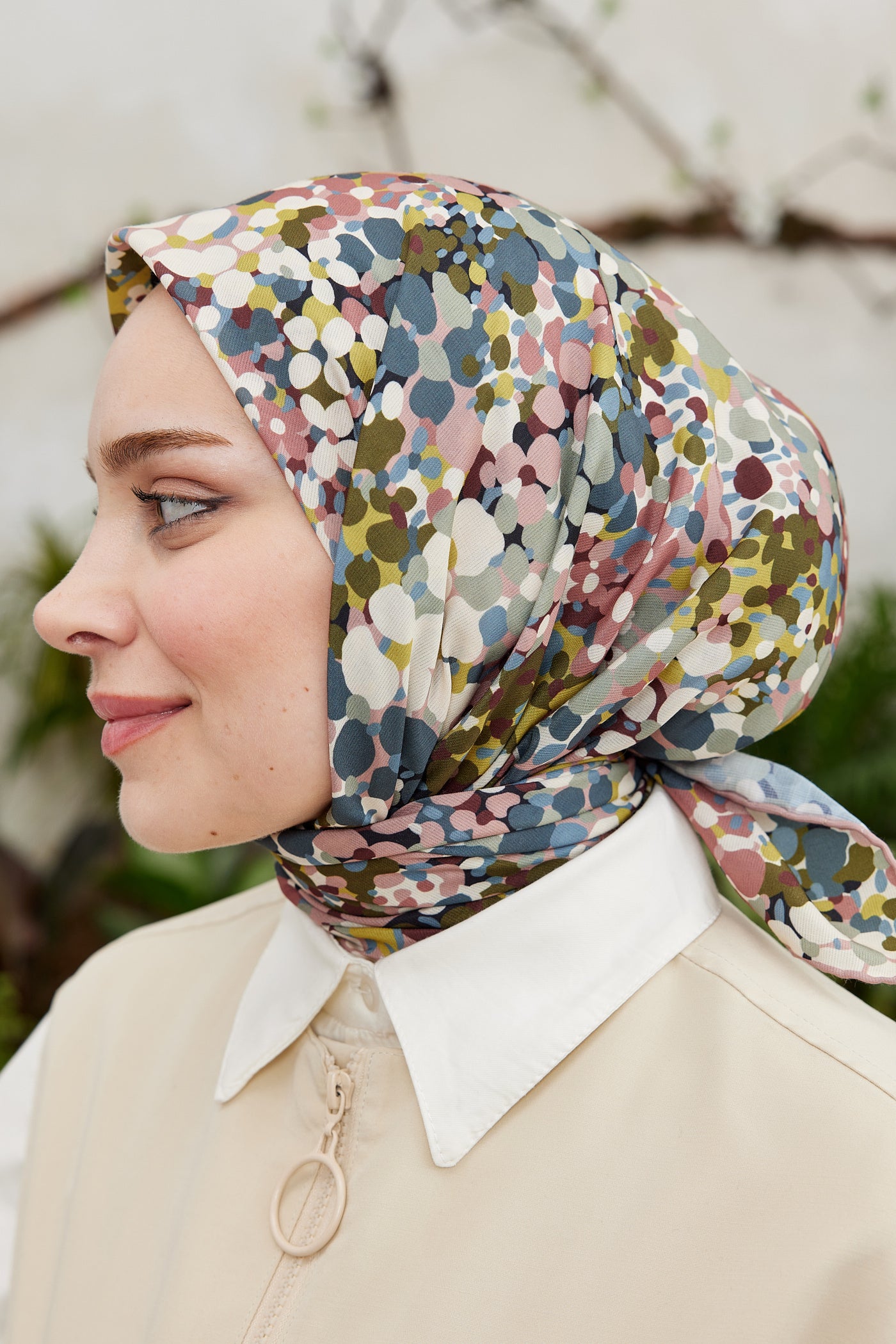 Tesettür Giyim - Pro Line Lavin Desen Eşarp - Gül Kurusu - Krem - Emproyal