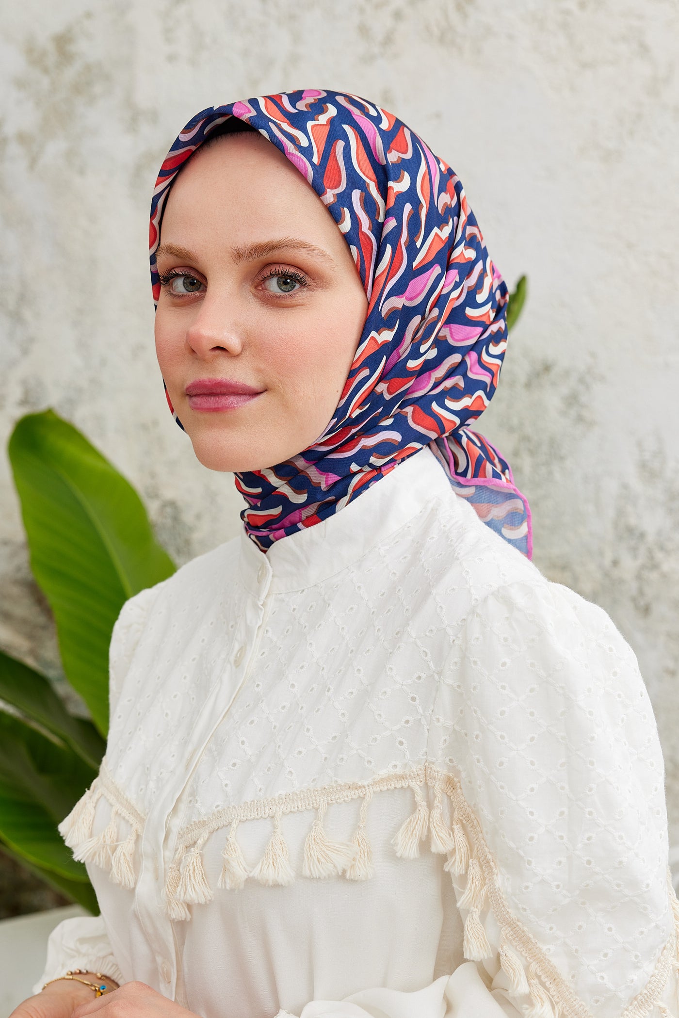 Tesettür Giyim - Pro Line Nancy Desen Eşarp - Pembe - Lacivert - Emproyal