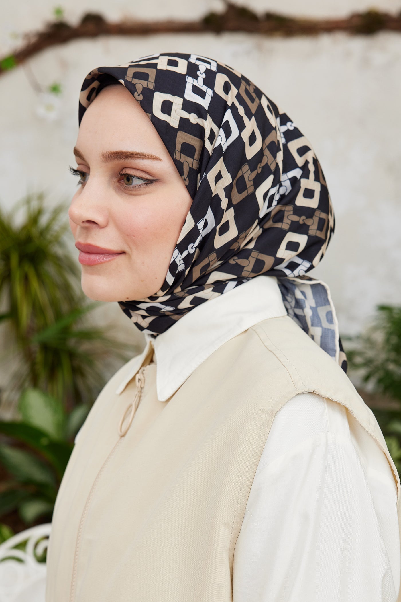 Tesettür Giyim - Pro Line Zincir Desen Eşarp - Bej - Kahverengi - Emproyal