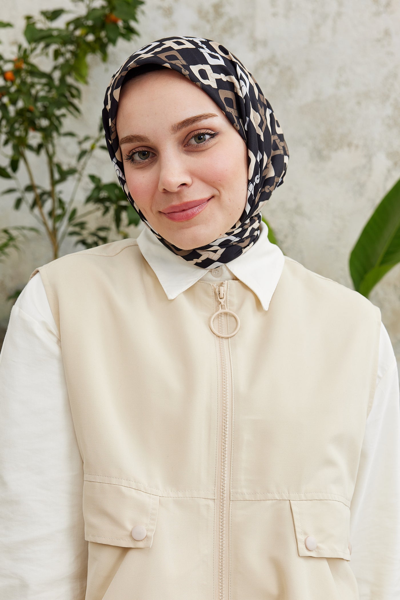 Tesettür Giyim - Pro Line Zincir Desen Eşarp - Bej - Kahverengi - Emproyal