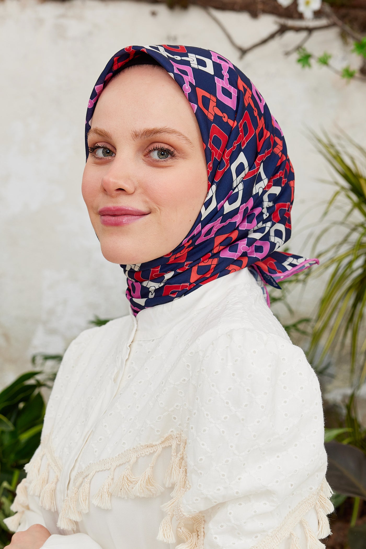 Tesettür Giyim - Pro Line Zincir Desen Eşarp - Lacivert - Pembe - Emproyal