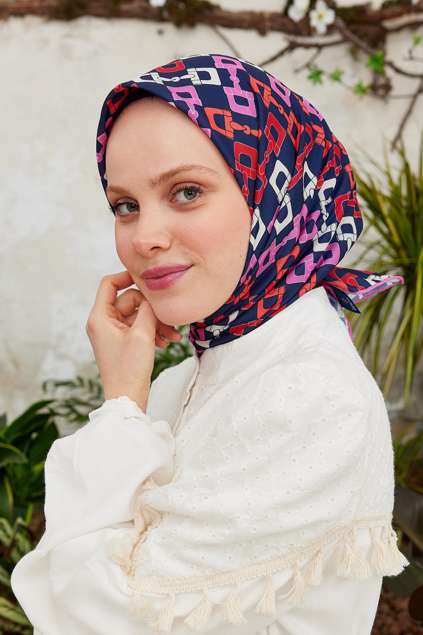 Tesettür Giyim - Pro Line Zincir Desen Eşarp - Lacivert - Pembe - Emproyal