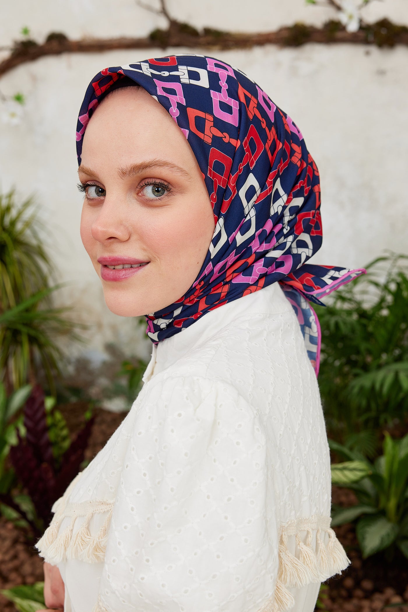 Tesettür Giyim - Pro Line Zincir Desen Eşarp - Lacivert - Pembe - Emproyal