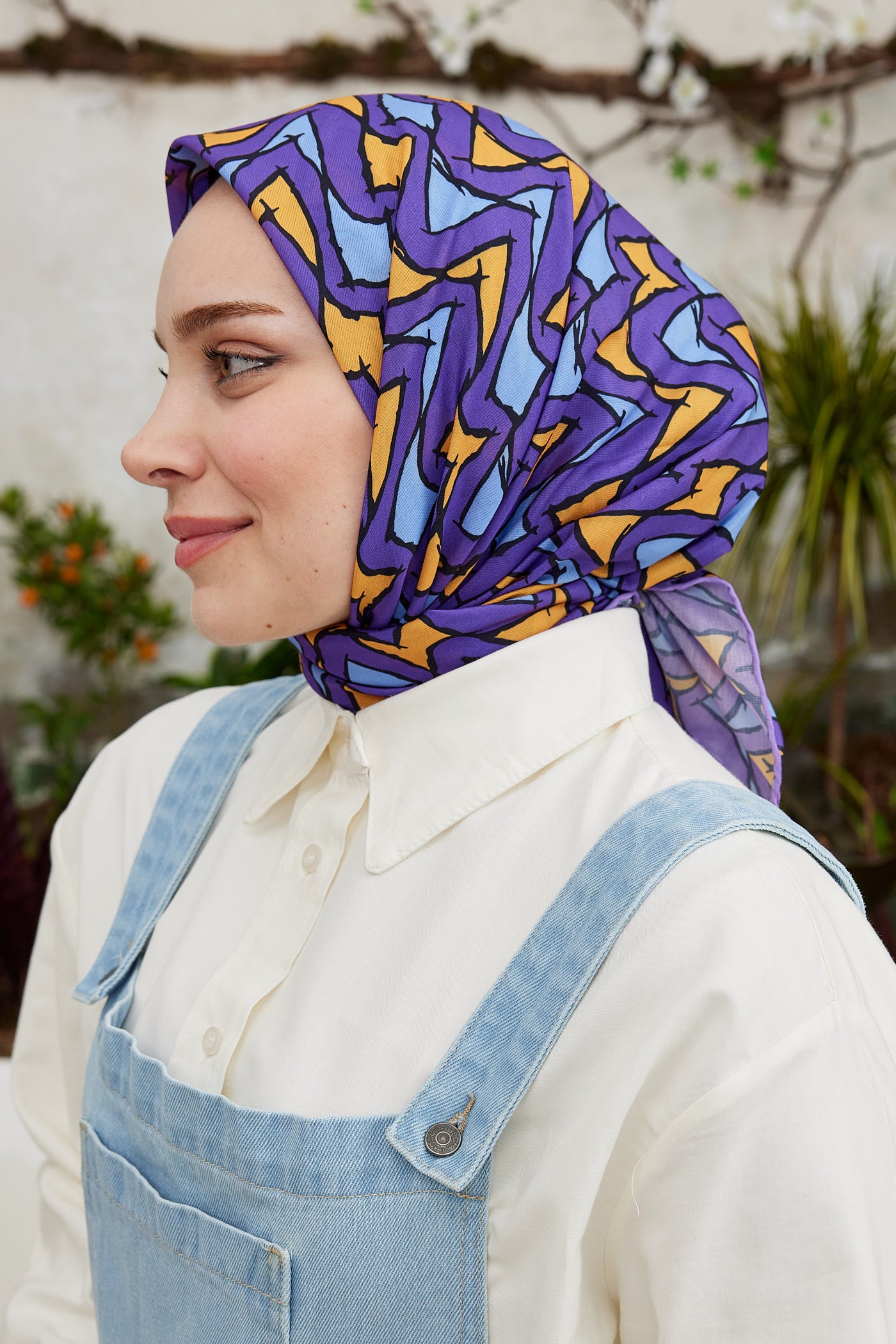 Tesettür Giyim - Pro Line Vera Desen Eşarp - Hardal - Mavi - Emproyal