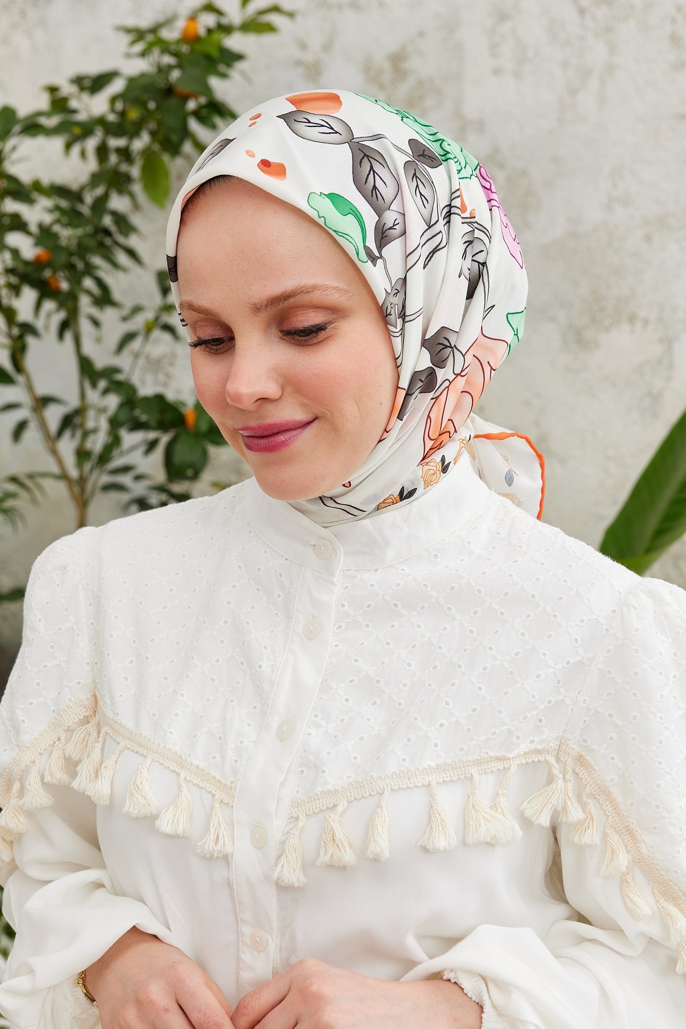 Tesettür Giyim - Pro Line Olivia Desen Eşarp - Turuncu - Yeşil - Emproyal