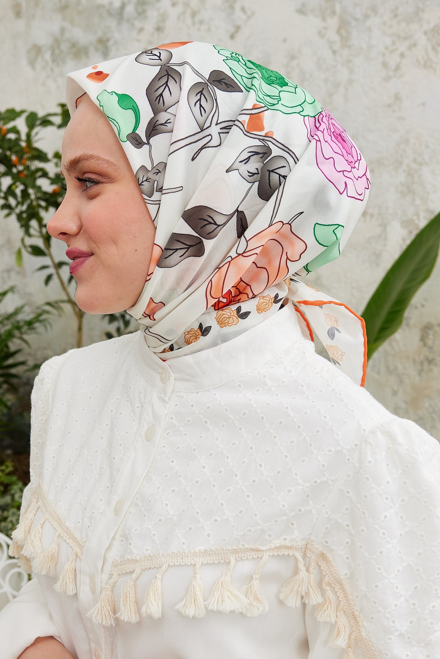 Tesettür Giyim - Pro Line Olivia Desen Eşarp - Turuncu - Yeşil - Emproyal