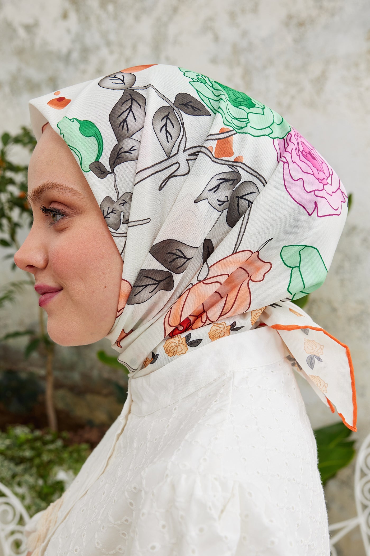 Tesettür Giyim - Pro Line Olivia Desen Eşarp - Turuncu - Yeşil - Emproyal