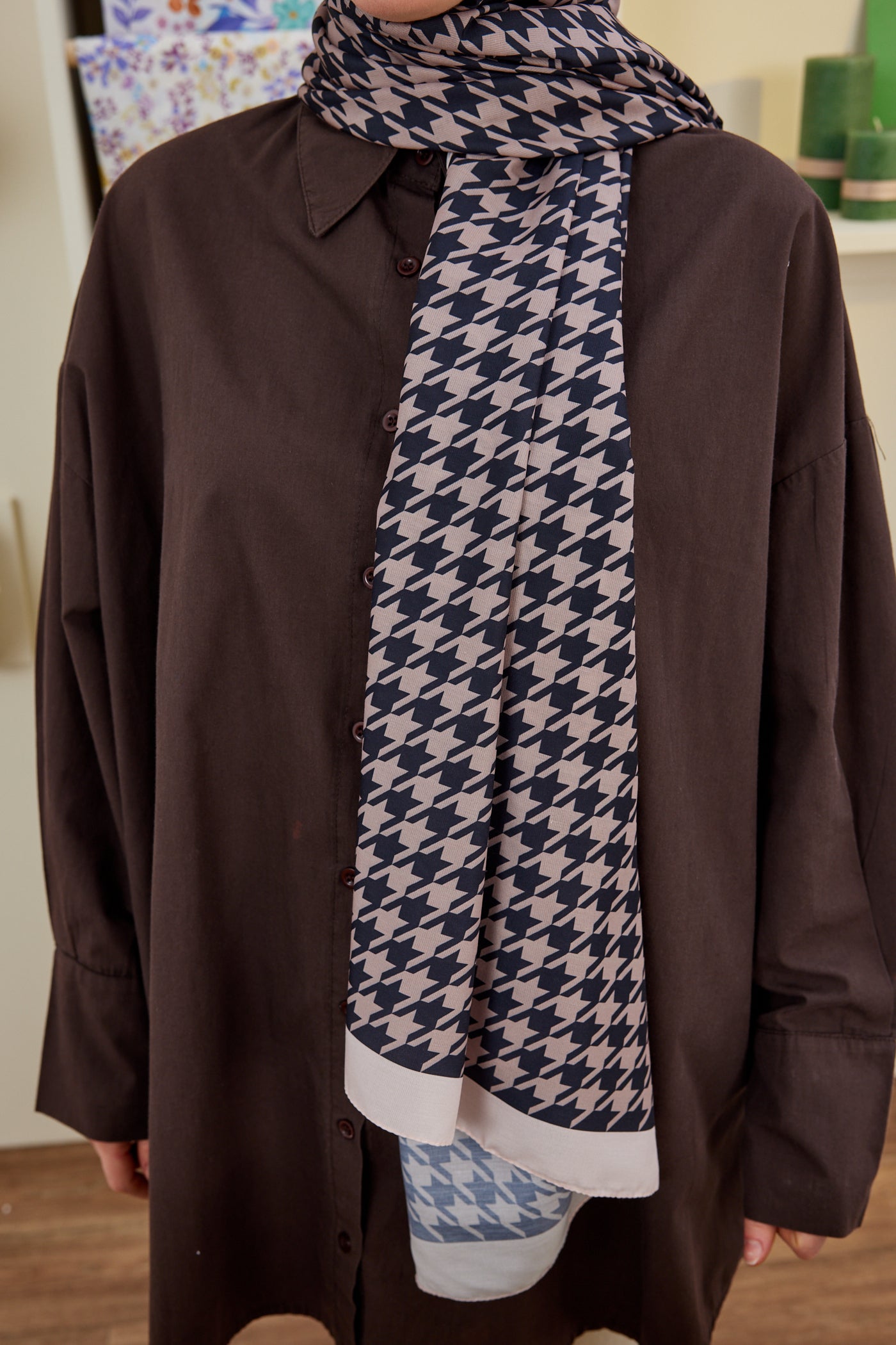 Tesettür Giyim - Pro Line Kazayağı Desen Şal - Vizon - Siyah - Emproyal