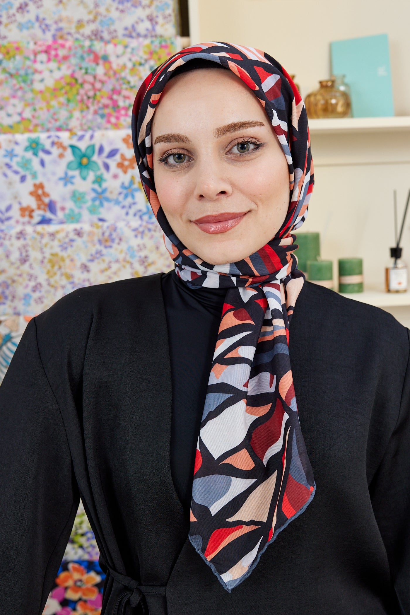 Tesettür Giyim - Pro Line Chloe Desen Eşarp - Kırmızı - Füme - Emproyal