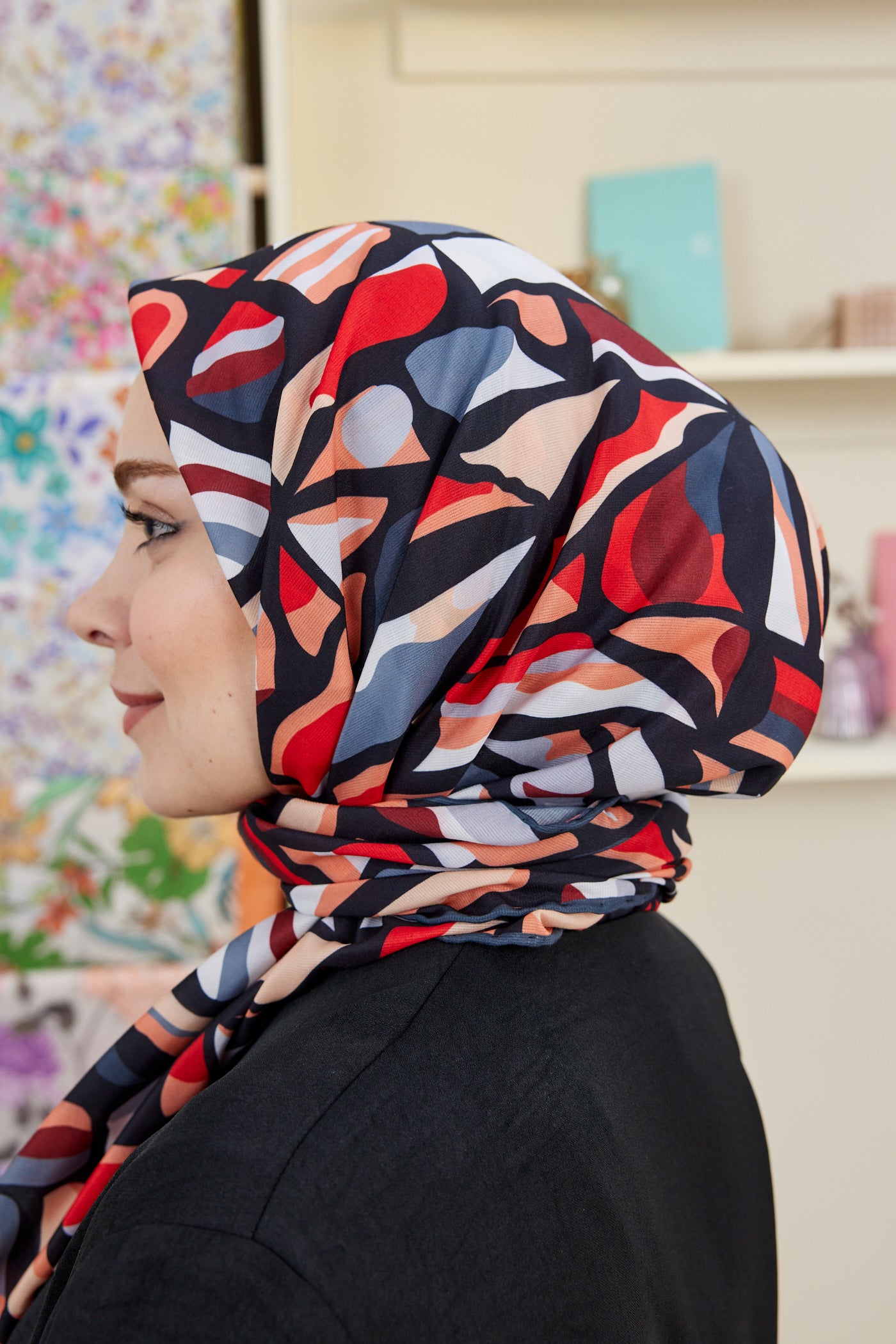 Tesettür Giyim - Pro Line Chloe Desen Eşarp - Kırmızı - Füme - Emproyal