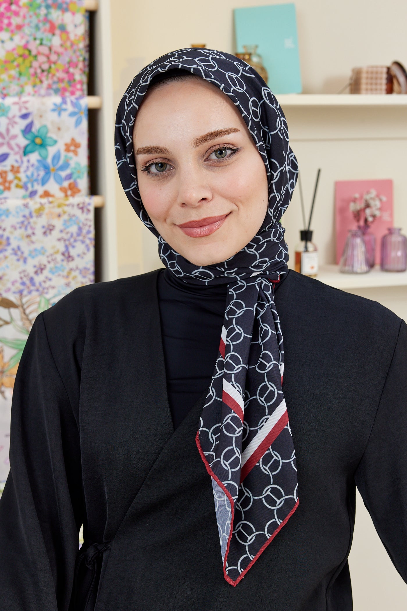 Tesettür Giyim - Pro Line Hera Desen Eşarp - Siyah - Bordo - Emproyal