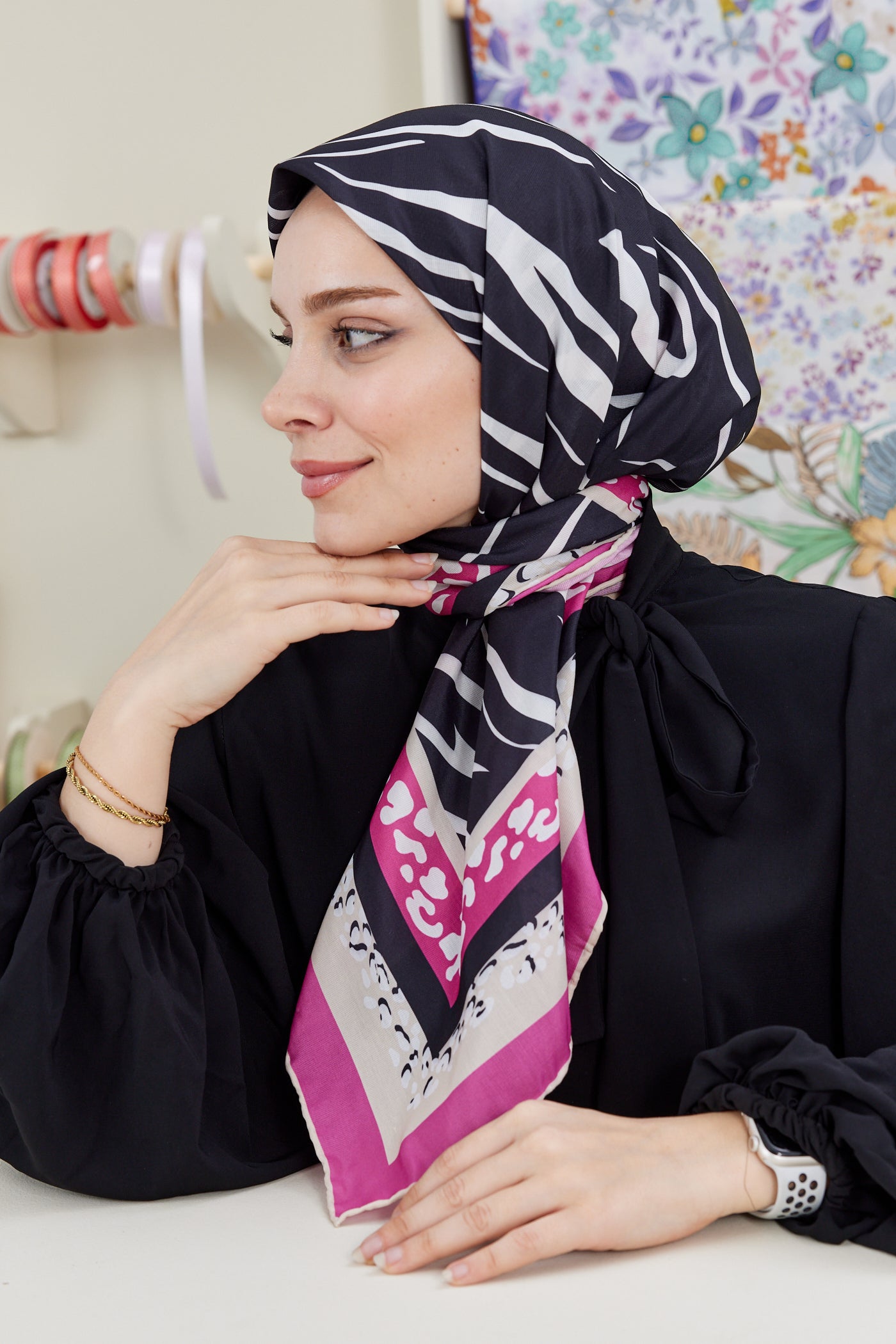 Tesettür Giyim - Pro Line Şeritli Zebra Desen Eşarp - Fuşya - Emproyal