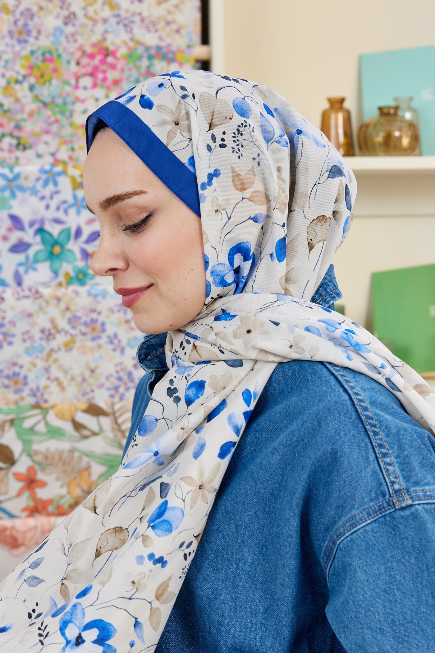 Tesettür Giyim - Pro Line Mimosa Desen Şal - Bej - Mavi - Emproyal