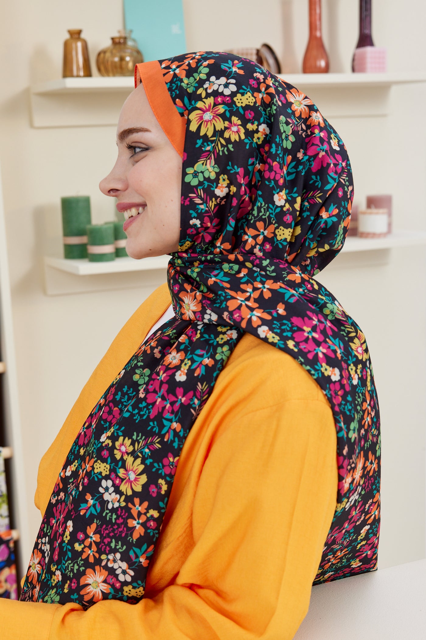 Tesettür Giyim - Pro Line Rosaline Desen Şal - Fuşya - Turuncu - Emproyal