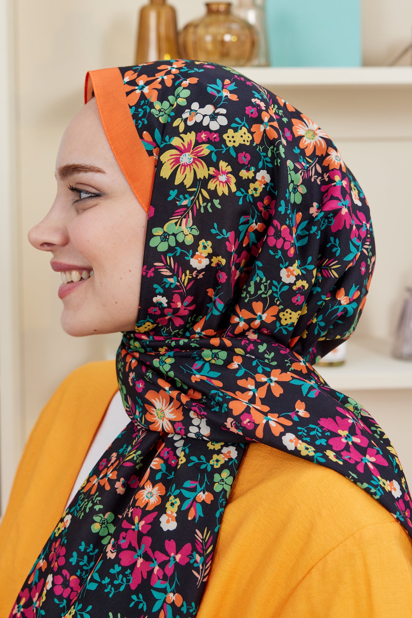 Tesettür Giyim - Pro Line Rosaline Desen Şal - Fuşya - Turuncu - Emproyal