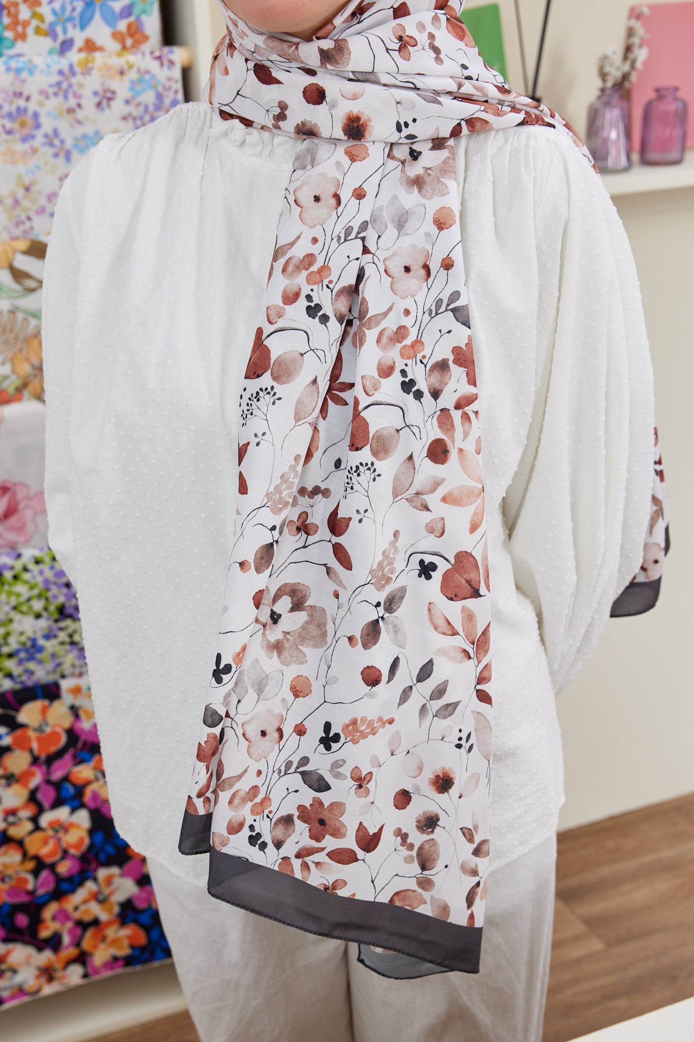 Tesettür Giyim - Pro Line Mimosa Desen Şal - Krem - Kahve - Emproyal