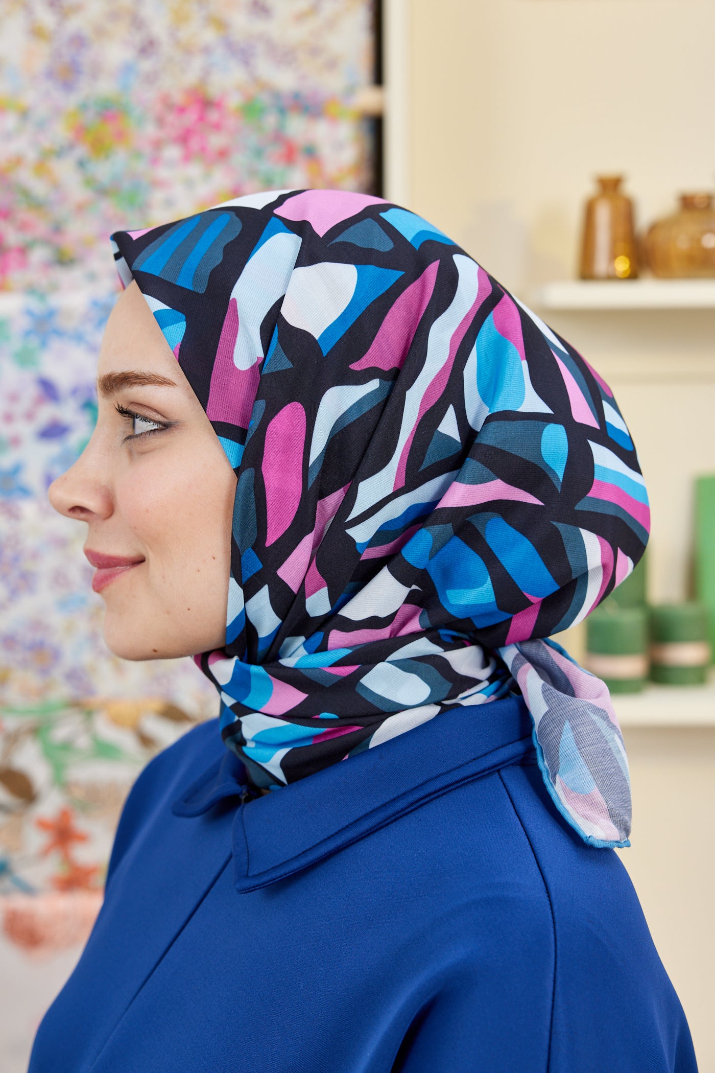 Tesettür Giyim - Pro Line Chloe Desen Eşarp - İndigo - Fuşya - Emproyal