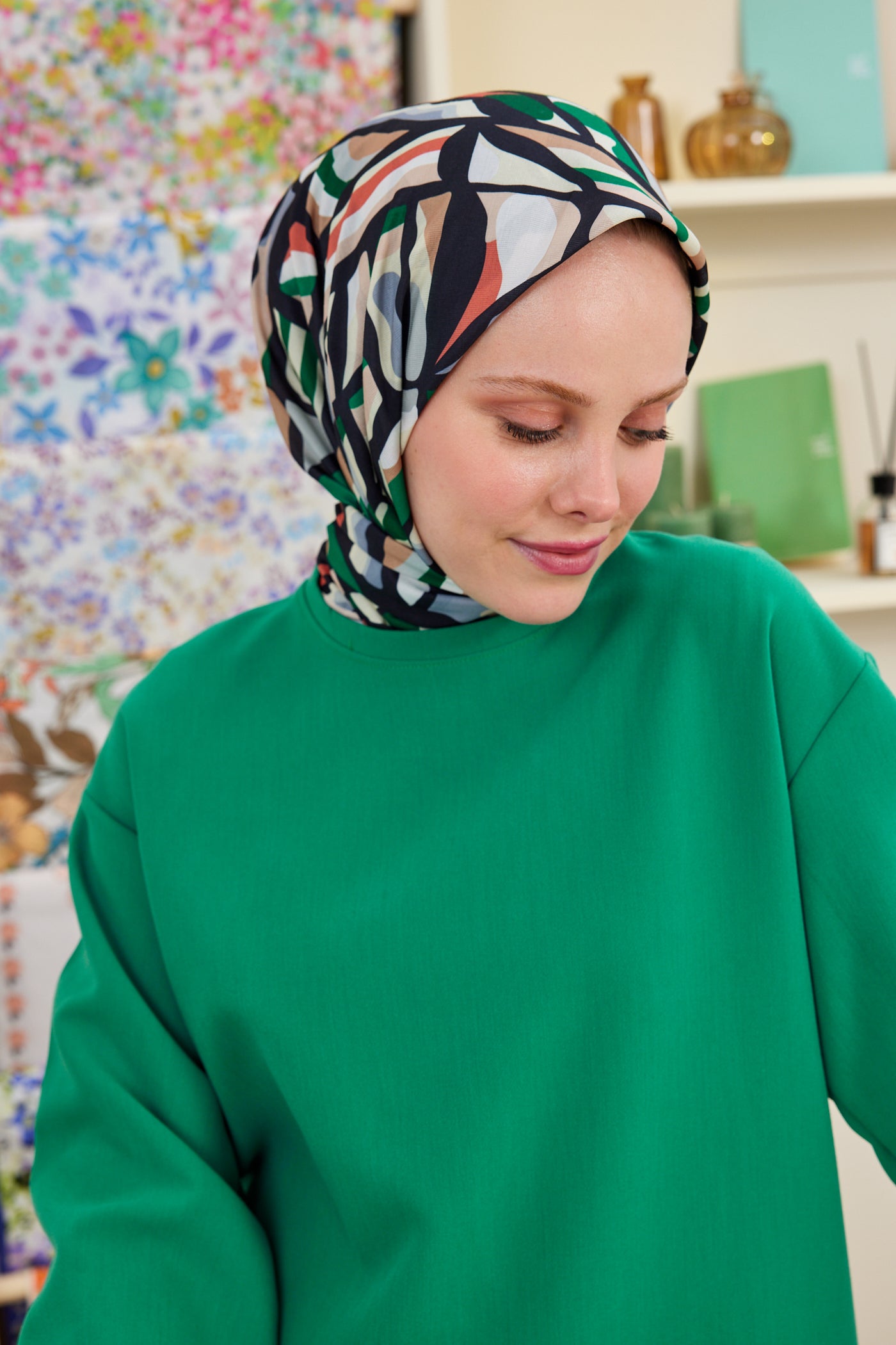 Tesettür Giyim - Pro Line Chloe Desen Eşarp - Koyu Yeşil - Turuncu - Emproyal