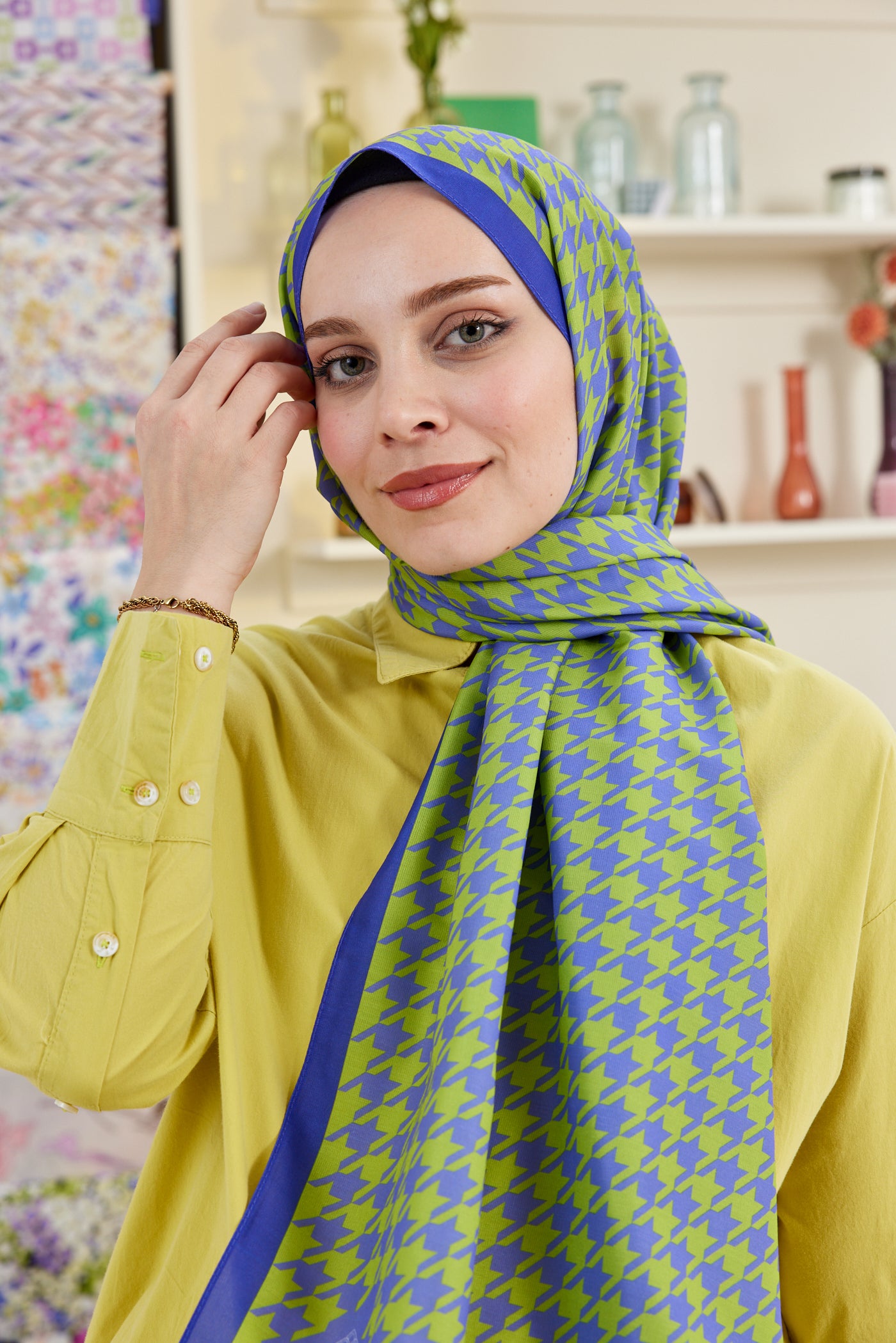 Tesettür Giyim - Pro Line Kazayağı Desen Şal - Yağ Yeşil - Mor - Emproyal