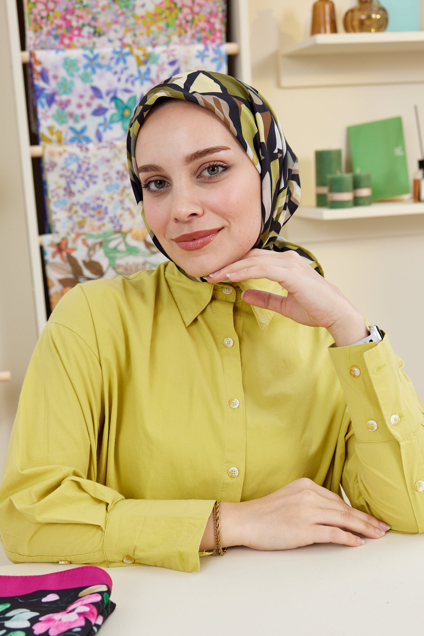 Tesettür Giyim - Pro Line Chloe Desen Eşarp - Yağ Yeşil - Kahverengi - Emproyal